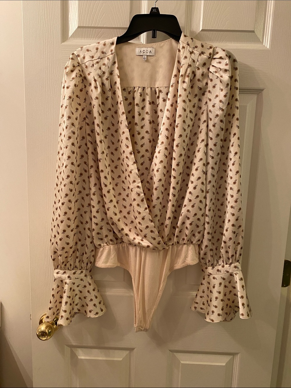 ACOA Cream Floral Wrap-Front Long Sleeve Bodysuit